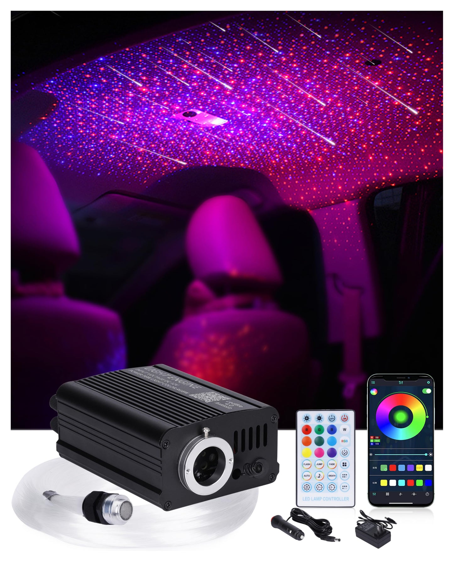 DIICRIN Starlight Headliner Kit for Car, 750pcs 0.03in x 9.8ft Fiber Optic Star Lights with 16W RGBW, 200 White Shooting Stars, App & Remote Control Car Ceiling Projector