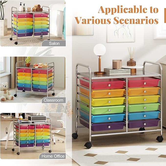 COSTWAY 12-Drawer Rolling Storage Cart, Utility Storage Organizer Cart for Tools, Scrapbook, Paper, Craft, Multipurpose Art Supply Organizer on Wheels for Home Office School, Teacher, Rainbow