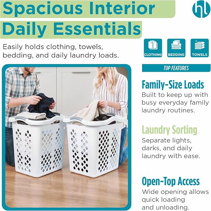Home Logic 2 Bushel Plastic Laundry Basket Lamper, Large Laundry Hamper with Handles, Ventilated Clothes Organizer for Bedroom Bathroom Closet, 6 Pack, White
