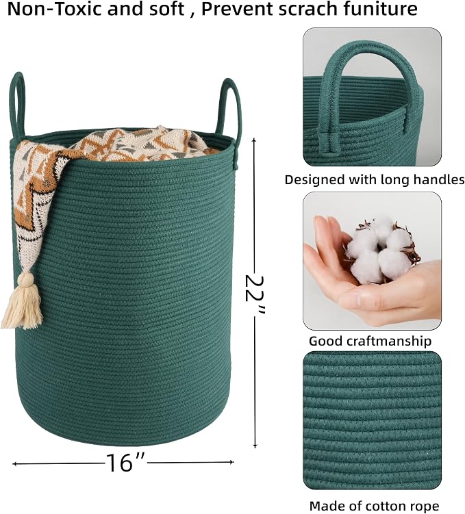 XUANGUO Cotton Rope Laundry Basket Hamper for Clothes Woven Storage Basket for Living Room Bedroom Boho Tall Rope Baskets for Blanket Toys Pillow Towels Baby Nursery Hamper Bin Large dark green