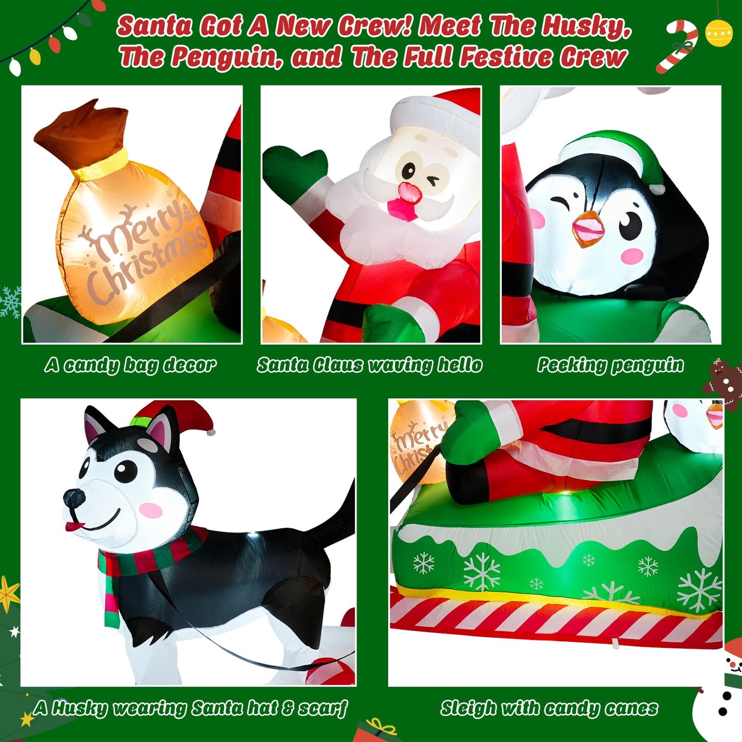 Meland Christmas Inflatables Outdoor - 9.5 FT Christmas Blow Ups Yard Decorations with Lights & Three Characters - Dog, Santa Clause on Sleigh, Penguin, Inflatable Decorations for Outside, Lawn Decor
