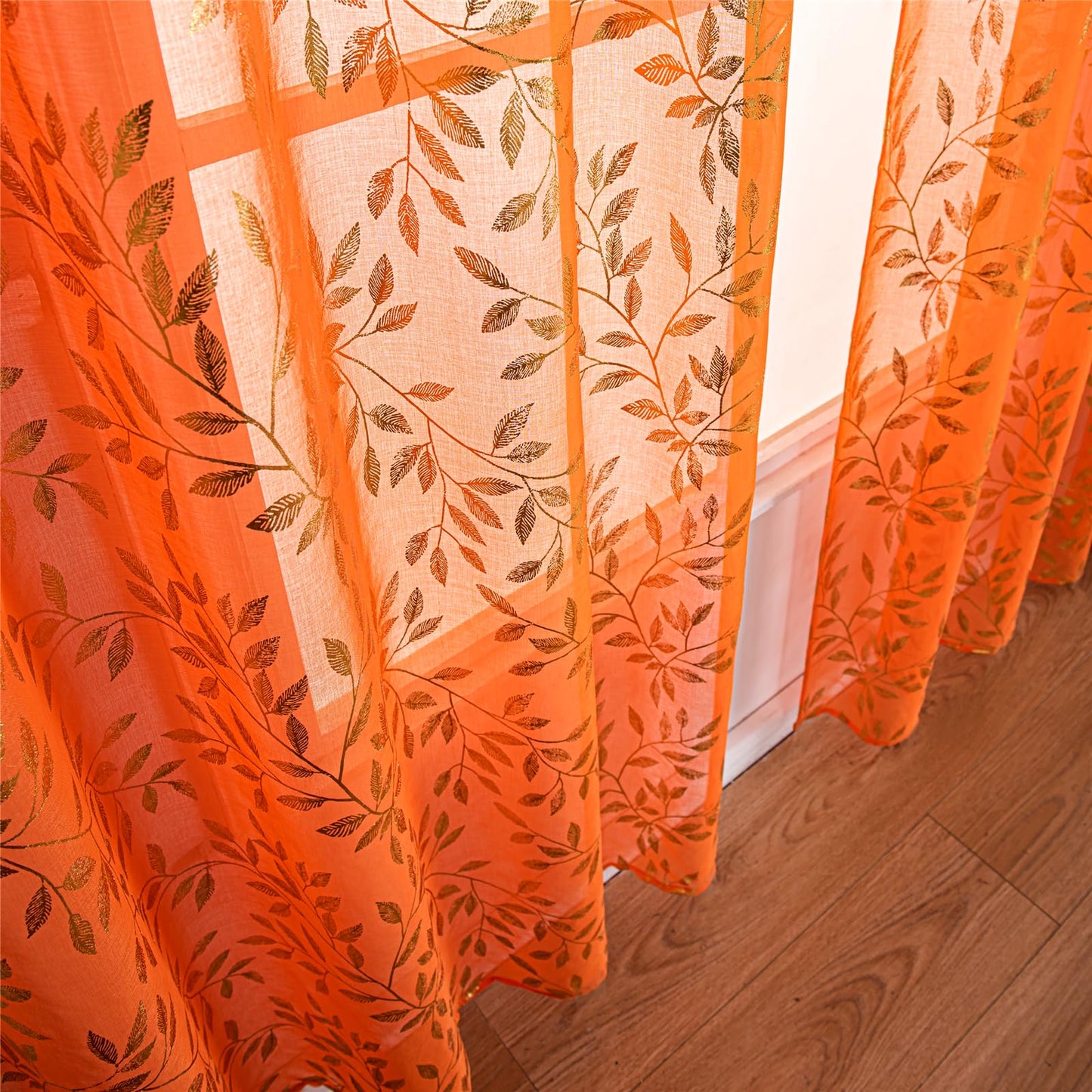 Deeprove Orange Burnt Sheer Curtains 84 inches Long 2 Panels for Bedroom Living Room, Abstract Metallic Gold Foil Vine Leaves Print Window Treatments Pair Set for Fall Halloween Decor, W52 x L84