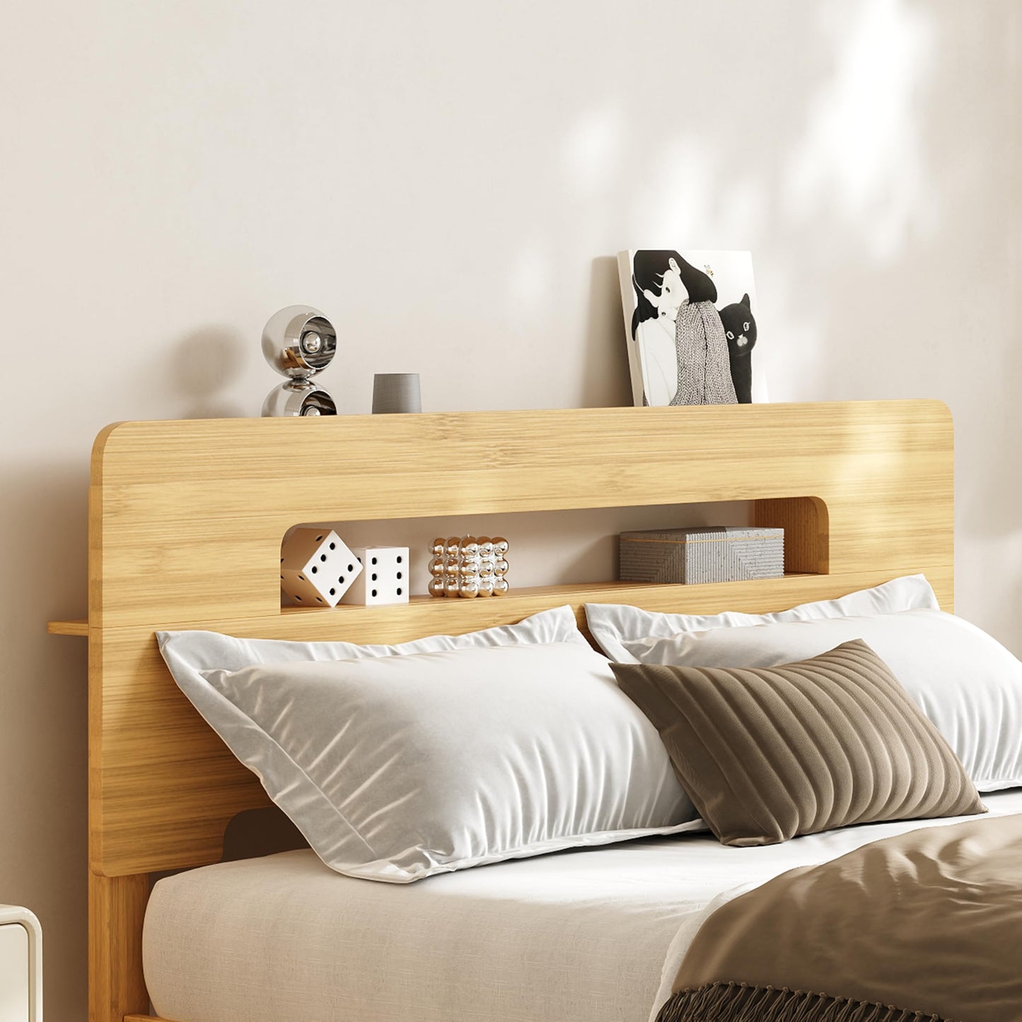 COMASACH Bamboo Wood King Size Bed Frame with Storage Headboard, 14 Inch High Solid King Platform Bed Frame, Metal Slats Support, Heavy Duty, No Box Spring Needed