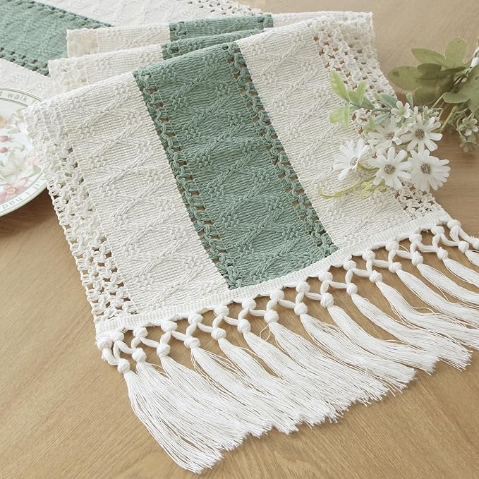 FEXIA Sage Green Table Runner 48 Inches Long with Tassels Boho for Summer Home Decor Rustic Macrame Farmhouse Table Cover for Wedding Party Bohemian Bridal Shower Dining Decorations(12x48 Inches)