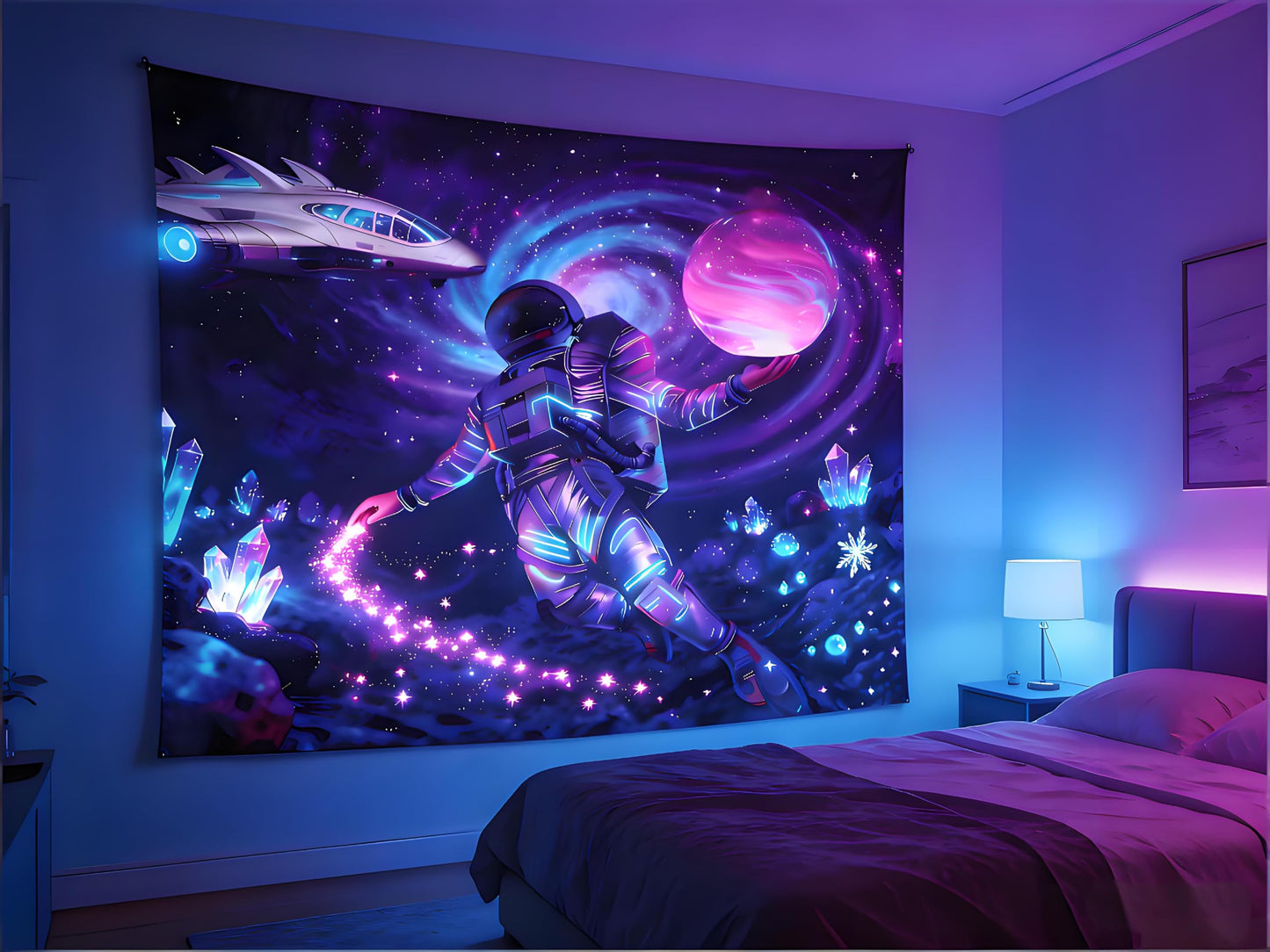 Kosydown Basic Astronaut Space Tapestry Glow in the Dark Room Decor Wall Tapestries, Cool Galaxy Planet Wall Hanging for Men Guys Gamer Room Dorm Living Room 50" L x 40" W