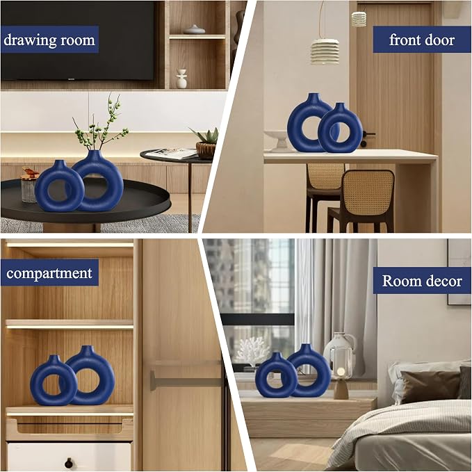 Blue Ceramic Donut Vase Set of 2, Hollow Round Matte Pampas Flower Vases for Boho Home Wedding Party Room Dinner Table Shelf Decor.（Blue）