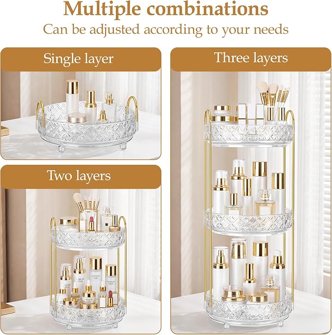 360 Rotating Makeup Organizer for Vanity, 3 Tier Adjustable Perfume Organizer for Dresser, Multi-Function Spinning Cosmetics Skincare Storage for Bedroom, Dresser, Countertop, Clear