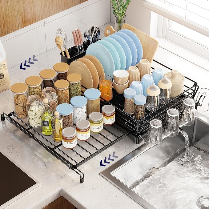 Simple Trending Dish Rack - Expandable Dish Drying Rack for Kitchen Counter, Large Capacity Dish Drainers, Stainless Steel Dish Strainer with Utensil & Cup Holders, Black