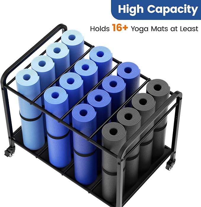 Black Yoga Mat Storage Rack Basket with Wheels, Floor-Standing Metal Yoga Mat Cart Workout Equipment for Foam Roller Dumbbells Kettlebells,in Gym,Fitness Classes, Yoga Studio & Home Gym