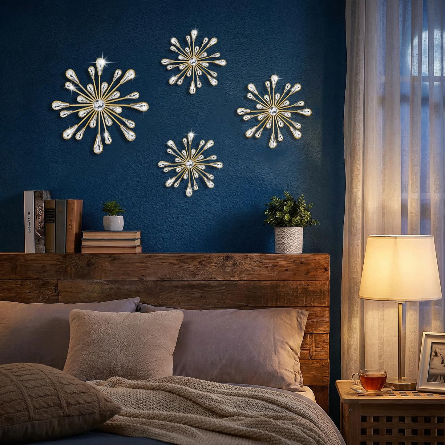 4 Pcs Starburst Wall Decor, Metal Starburst Wall Art Decor, Bling WallsArt Crystal Teardrop 3D Hanging Rhinestone Radial Metal Artwork, Decorative Walls Hanging Diamond for Living Room Bedroom(Gold)