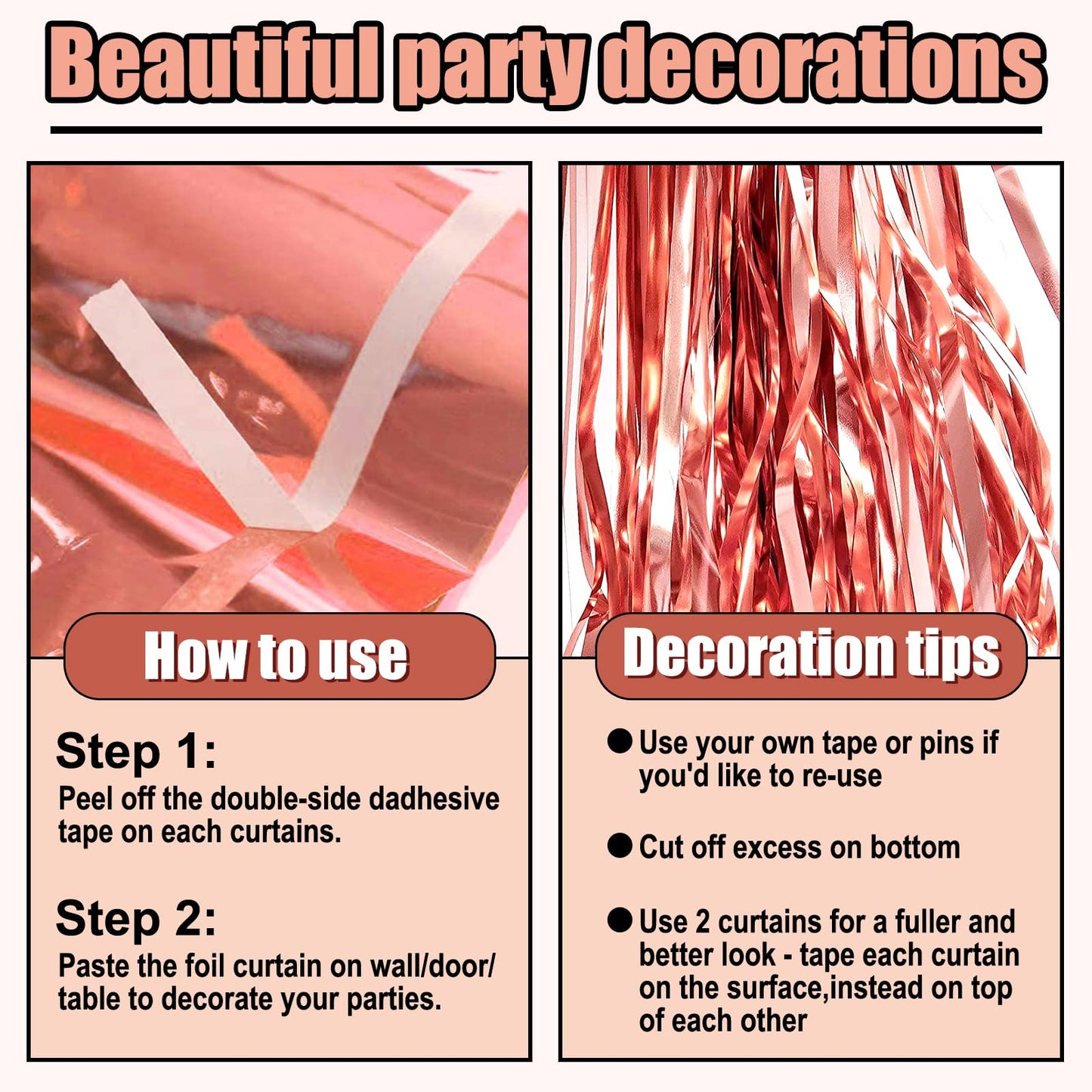 3 Pack Rose Gold Foil Fringe Curtain Backdrop, 3.28Ft x 9.8Ft Metallic Tinsel Foil Fringe Streamer Curtains for Photo Booth, Halloween, Christmas Day, Wedding, New Year Party Decoration