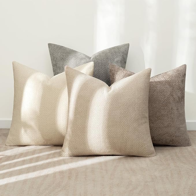 MIULEE Pack of 4 Couch Throw Pillow Covers 22x22 Inch Neutral Beige/Brown Soft Decorative Chenille Pillow Covers Farmhouse Accent Cushion Covers for Boho Spring Home Decor Sofa Bedroom Living Room