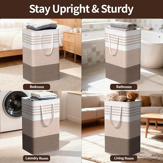 WOWBOX 2 Pack Laundry Baskets, Laundry Hampers, Freestanding Dirty Clothes Hampers with Reinforced Handles & Cross Stitch & Waterproof Coating, for Laundry Bedroom Bathroom Dorm,88L Khaki