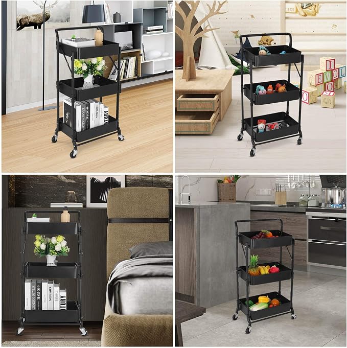Foldable 3 Tier Metal Utility Rolling Cart, Folding Mobile Multi-Function Storage Trolley Organizer Cart for Home Library Office(Black)