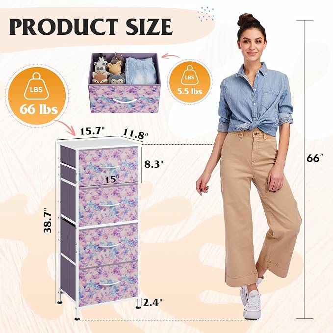 WLIVE Dresser with 4 Drawers, Storage Tower, Organizer Unit, Fabric Dresser for Bedroom, Hallway, Entryway, Closets, Sturdy Steel Frame, Wood Top, Easy Pull Handle, Tie-dye Print (Pink, Purple, Blue)