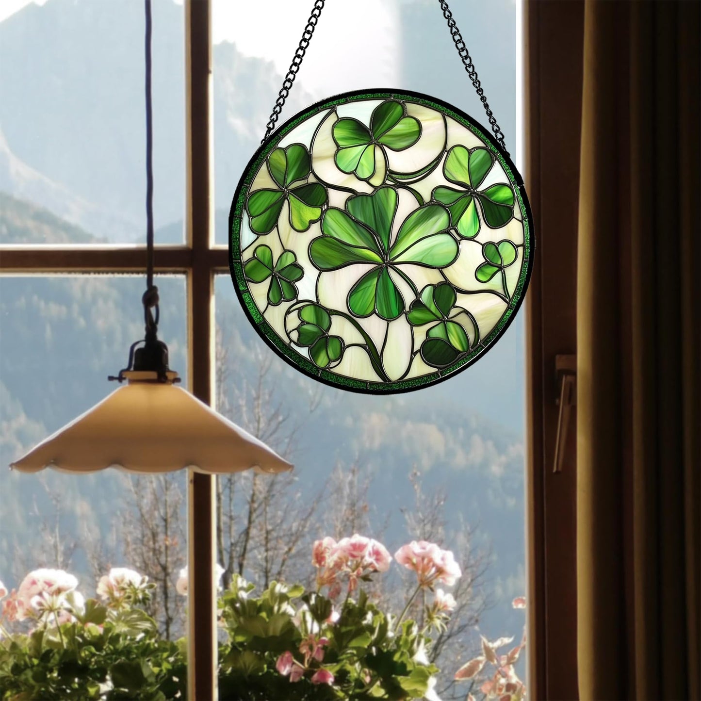 CRISGIF Stained Glass Window Hanging - Ireland Green Lucky Clover Suncatcher for Doors Garden St. Patrick's Day Sun Catchers Decor Mother's Day Birthday for Women Men Mom Nana 7.8 in