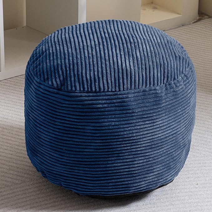 HIGOGOGO Round Stuffed Pouf Ottoman, Corduroy Poufs with Foam Chunk Filling, Furry and Fluffy Pouf Foot Stool Storage Ottoman, 26 X 18 Floor Poufs Foot Rest for Living Room, Bluestone