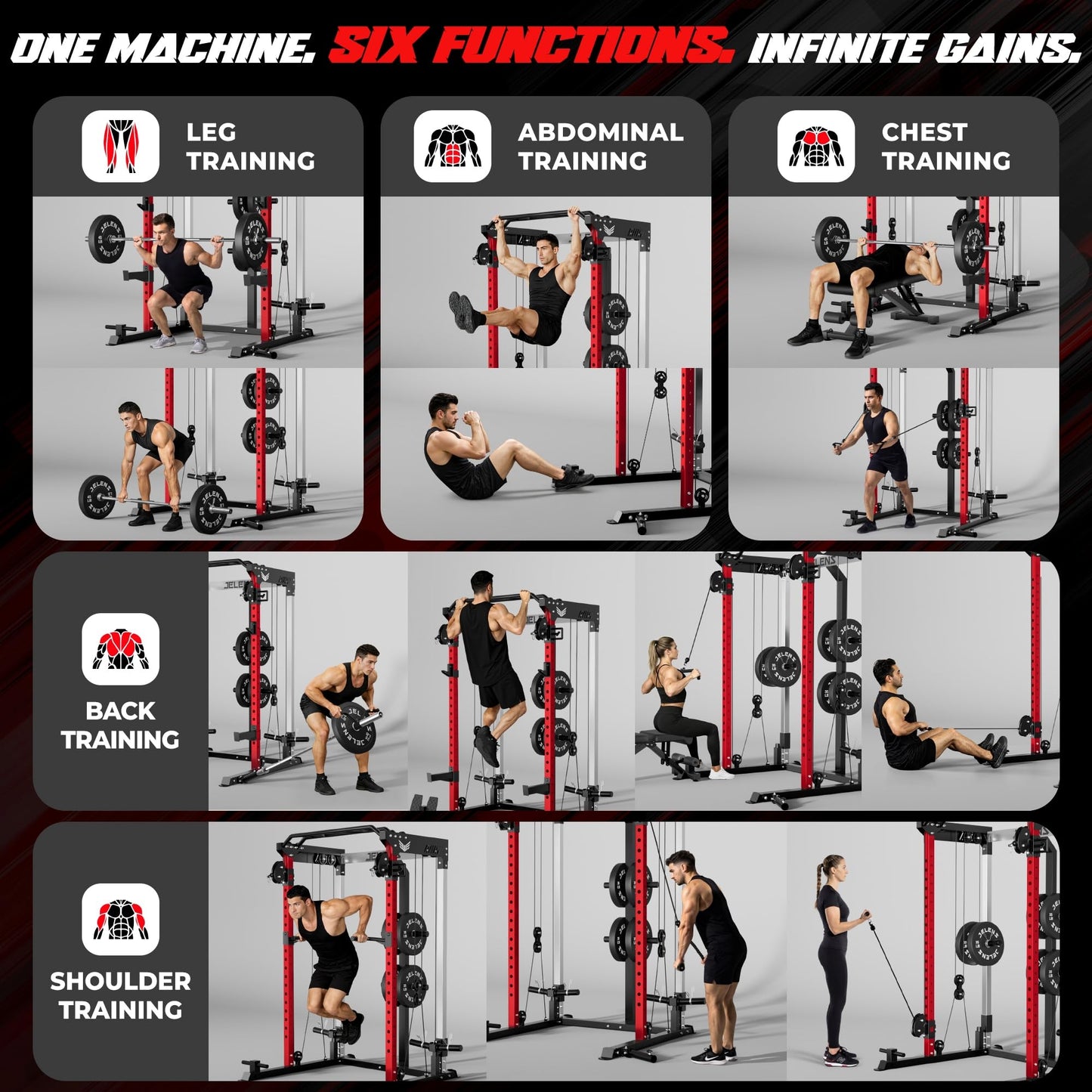 JELENS C21 Power Cage, 2000LBS Multi-Function Power Rack with Independent Dual Pulley System, All-in-One Squat Rack for Cable Crossover, Home Gym Workout Machine (Red, 370LBS Black)