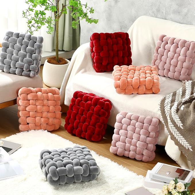 Wenqik 2 Pcs Knot Pillows Square Knotted Plush Throws Soft Accent Pillows Decoration Cushion for Couch Home Office Living Room Bedroom Bed Sofa Decor, 12'' x 13''(Haze Pink,Crystal Velvet)