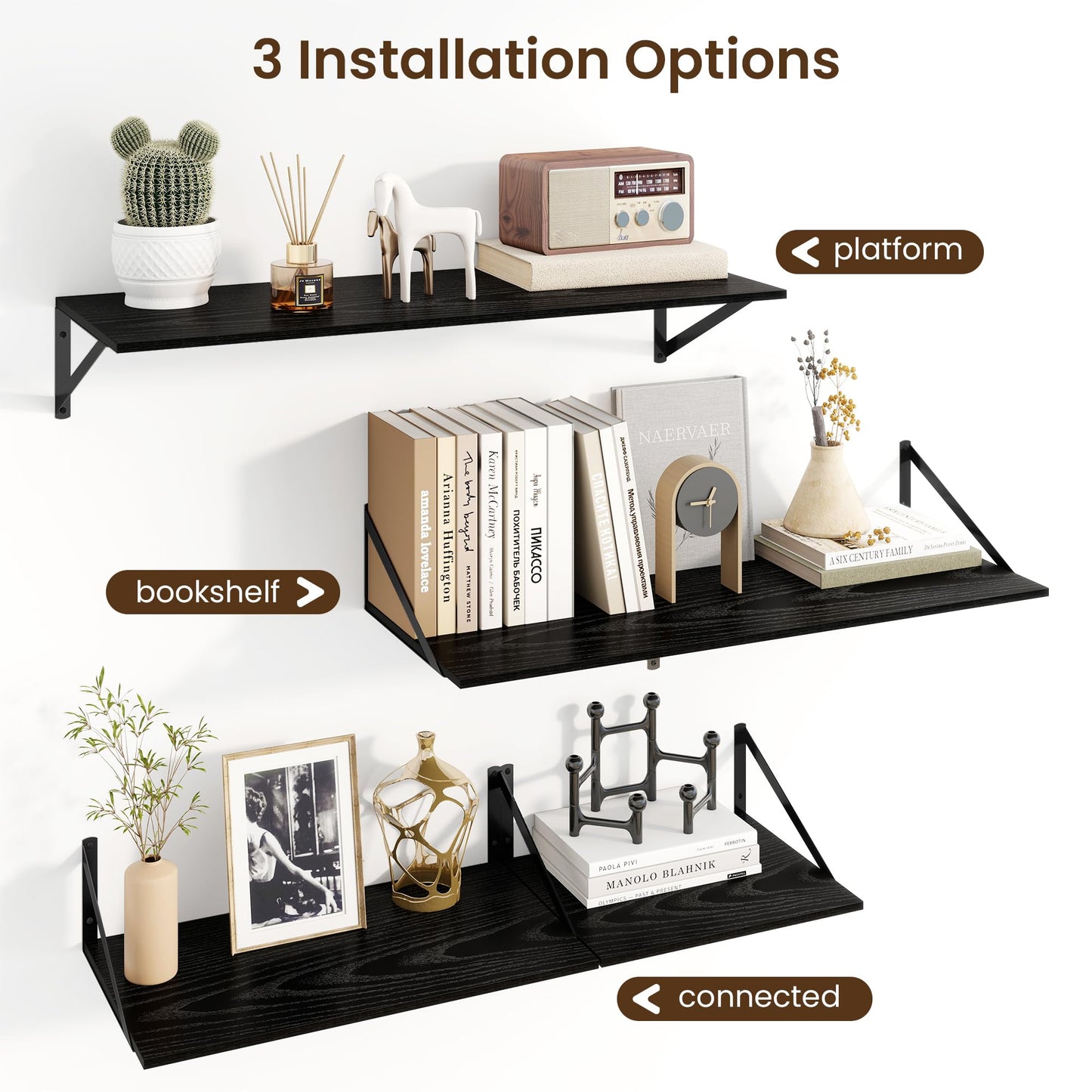 Fun Memories Floating Shelves for Wall, 12 Inch Deep Floating Shelves Set of 2, 16W x 12D Large Wall Shelf with Sturdy Metal Brackets for Living Room, Bathroom, Bedroom and Kitchen, Black