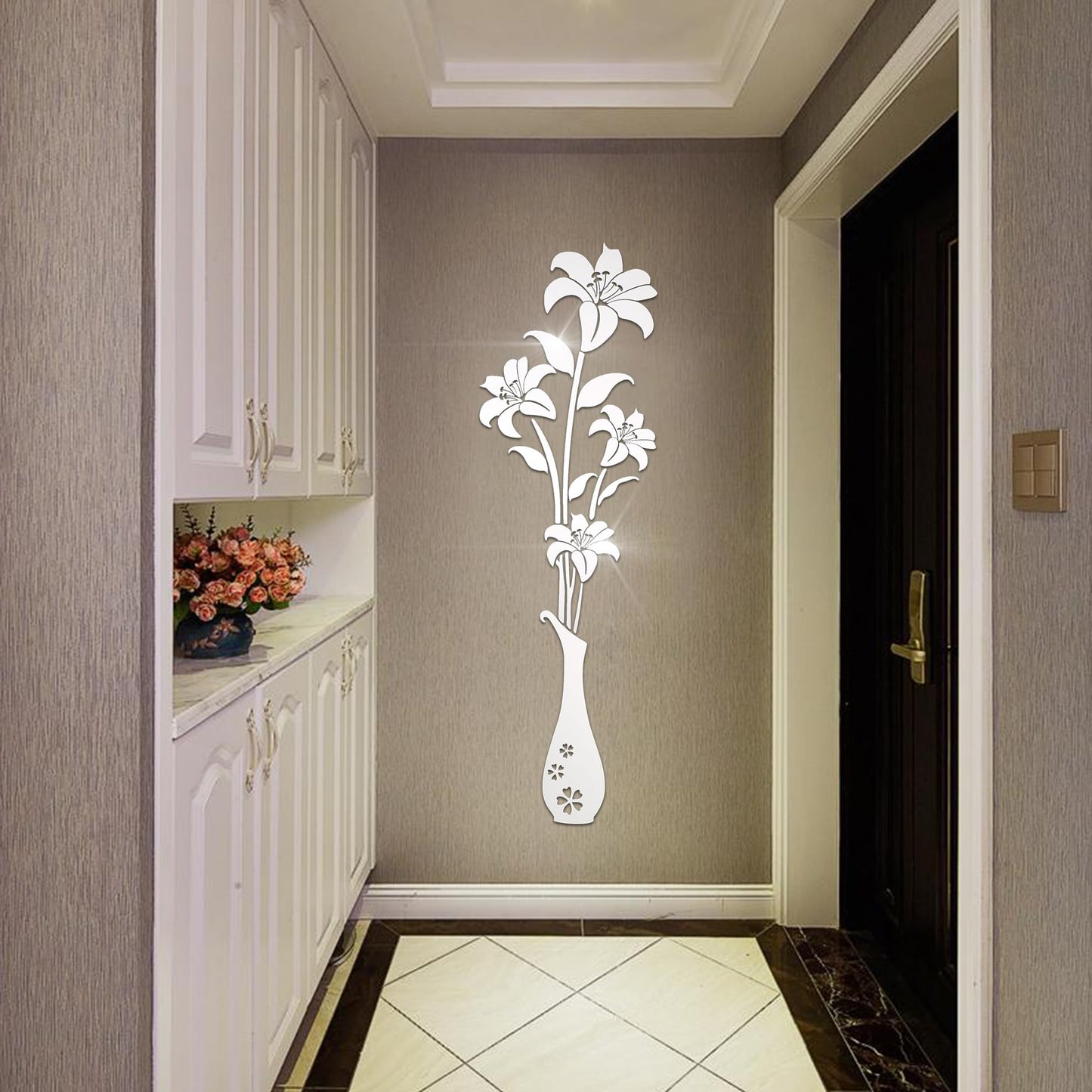 HNVNER Mirror Wall Decals - 3D Flower Wall Stickers Murals for Living Room Bedroom,DIY Walls Decor for TV Background and Sofa Backdrop (L, Mirror Silver)