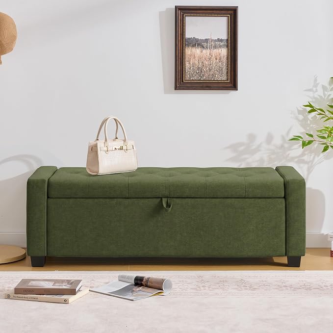 Huatean Home 48" Ottoman with Storage, Storage Ottoman Bench with Safety Hinge, Upholstered Entryway Bench with Seating for Bedroom, Living Room, Holds up to 330 lb, Green