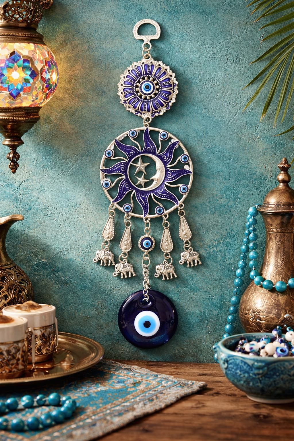 Turkish Sun,Moon & Stars Evil Eye Wall Hanging, Blue Nazar Glass Decor, Celestial Guardian Ornament for Home -CL17