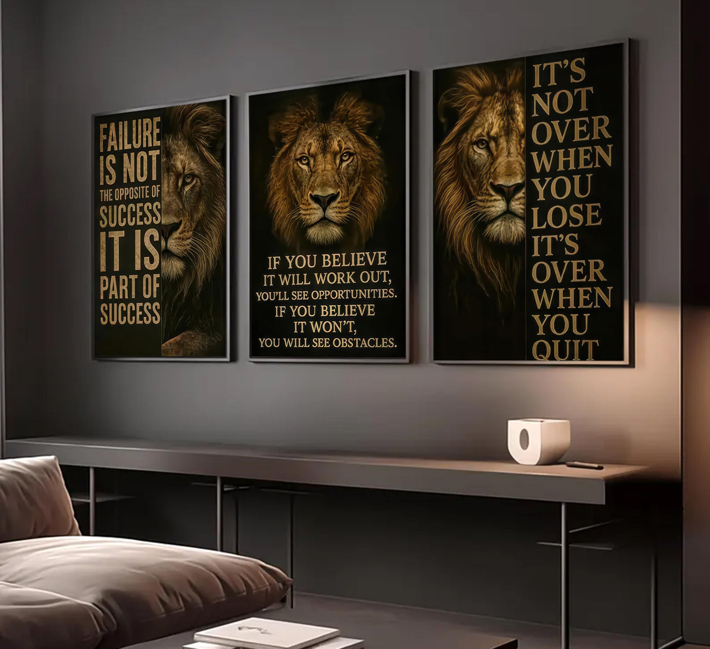 3Pcs Inspirational Lion Office Canvas Wall Art Inspiring Motivational Quotes Animal Painting Picture Wall Decor Poster Print Artwork for Bedroom Man Cave Study Home Decoration