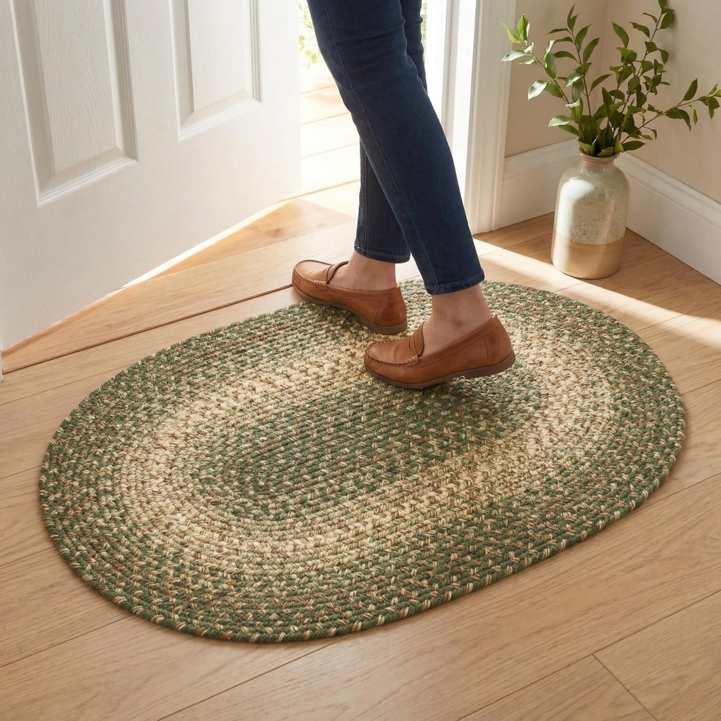 Super Area Rugs Braided Rugs 2X3 Farmhouse Kitchen Rug - Ridgewood Braided Rug for Front Door Entryway - Reversible - Indoor/Outdoor - Made in USA - Forest Green/Beige, 2' W X 3' L Oval