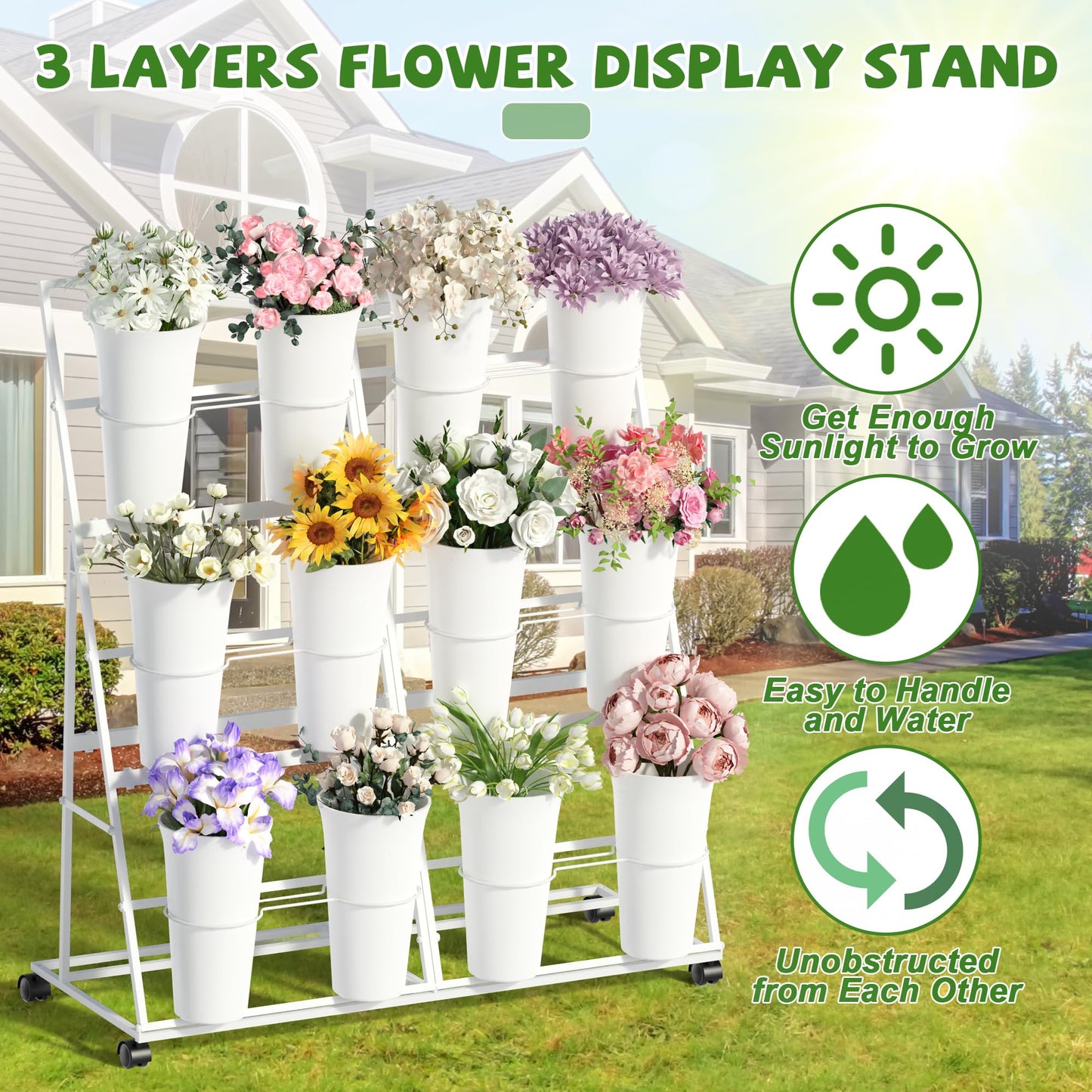 Invech Flower Display Stand with 12 Buckets and Wheels, 3 Tier Flower Cart Display Stand for Indoor Outdoor Garden, Wedding, Flower Shop (White)