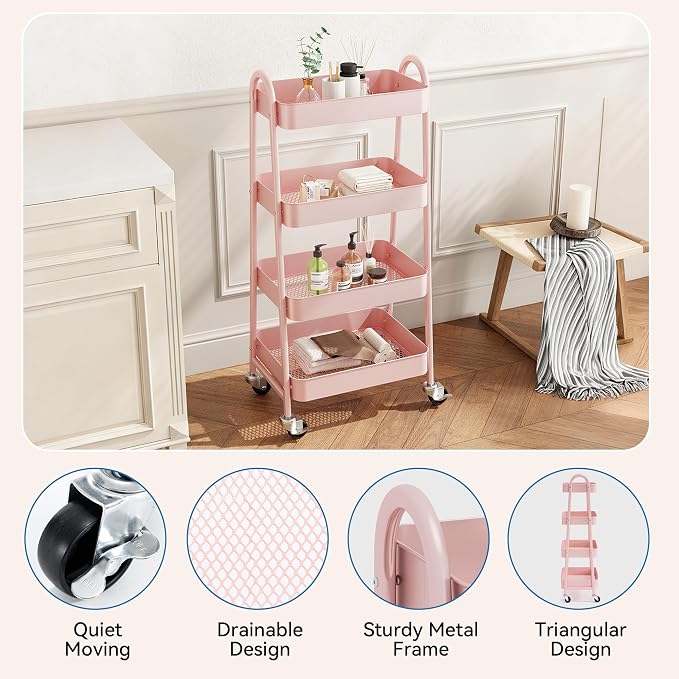 OLIXIS Metal 4 Tiers Utility Rolling Cart, Mobile Storage Shelf with Lockable Caster Wheels, Organization for Livingroom, Bathroom & Narrow Places, 4-Tier Pink