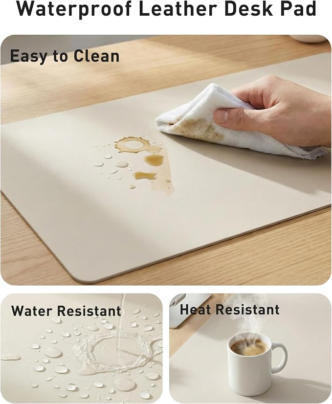 Aothia Faux Leather Desk Mat - Large Mouse Pad, Non-Slip PU Leather Blotter, Waterproof Writing Surface for Office and Home (Off-White, 42" x 17")