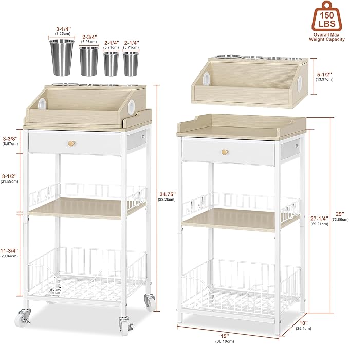 Makeup Organizer Cart with Removable Cosmetic Display Case, Large Makeup Cart with Drawer and 4 SS Tool Cups, 2-in-1 Vanity Organizer for Skincare Perfume Nail Polish Brush, White & Natural