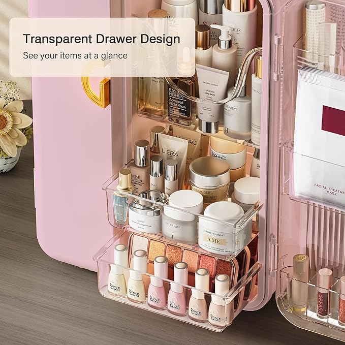 SEE SPRING Makeup Organizer for Vanity, Large Capacity Skincare Organizers and Storage with Drawers, Dustproof Cosmetic Display Case for Bathroom Countertop, Trendy Teen Girl Gifts, Pink