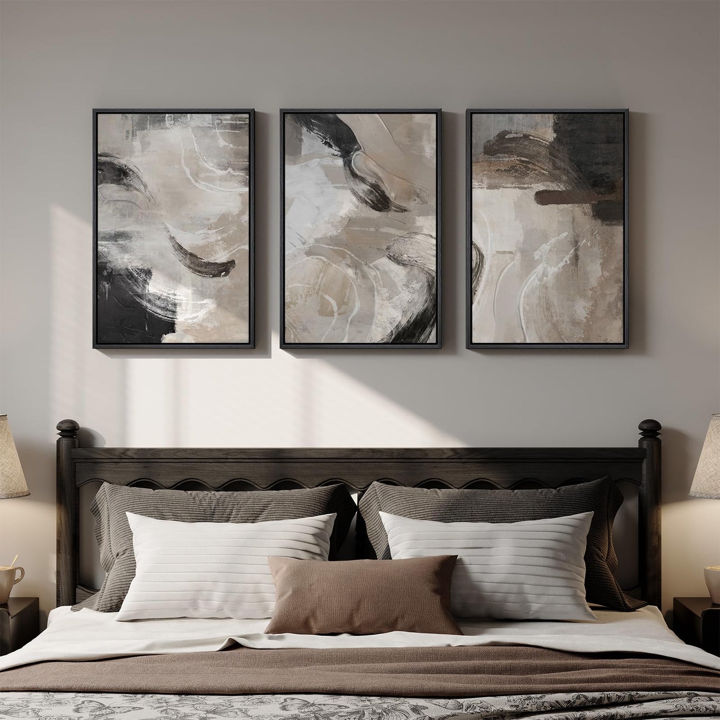 Framed Neutral Abstract Wall Art, 3 Piece Modern Minimalist Canvas Prints Paintings Artwork for Walls, Black Beige Brown Neutral Tone Pictures for Living Room Dining Room Bedroom Wall Decor 16x24 In