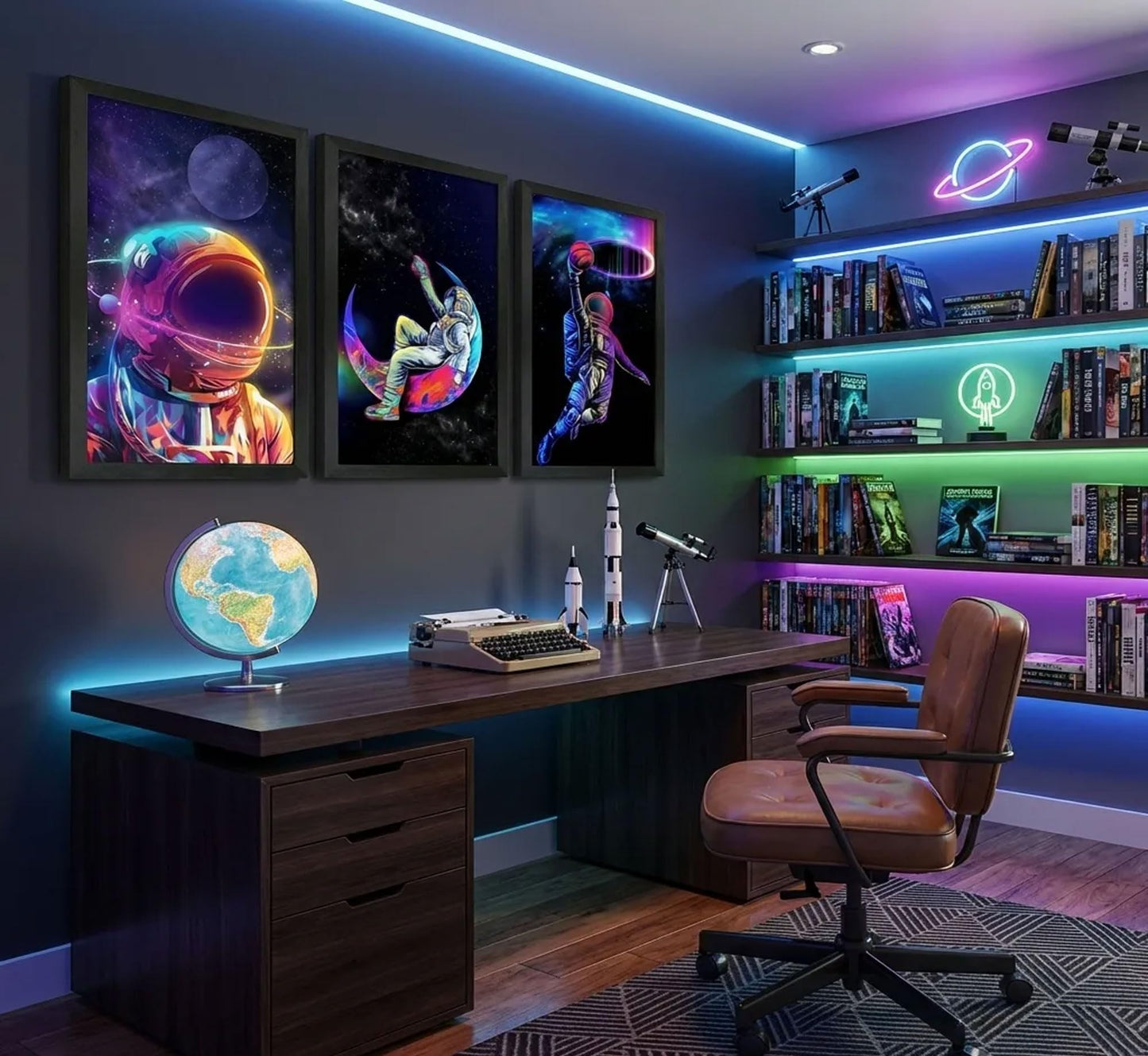 Framed 3pcs Astronaut Canvas Wall Art Dreamy Outer Space Galaxy Pictures Wall Decor Sci Fi Artwork Modern Universe Posters Prints Painting for Boys Bedroom Living Room Home Decoration
