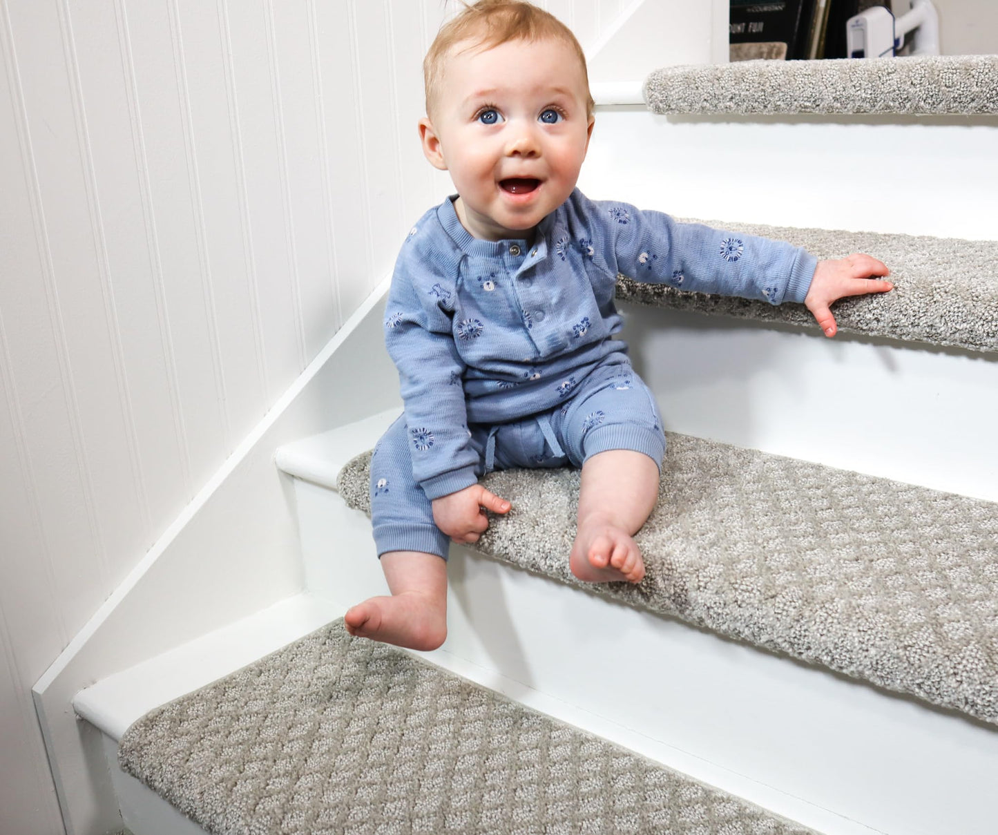 Oak Valley Designs™ Rounded Bullnose Carpet Stair Treads - Anti Slip Indoor Stair Mats for Wooden Stairs, Style: Bayside Charm, Silver Birch 27" W X 9.75" D (Set of 14)