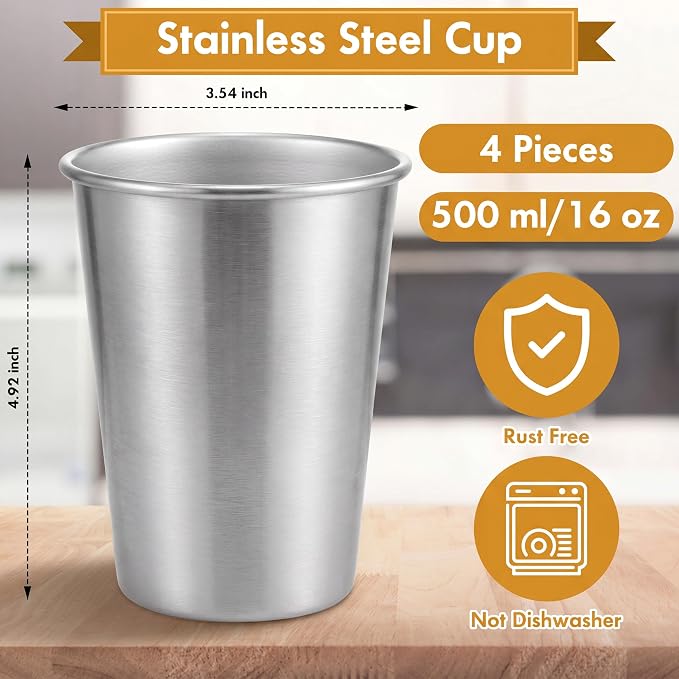 Mimorou 4 Pack 16 oz Stainless Steel Pint Cups Metal Cups Unbreakable Drinking Water Tumblers Stackable Tumbler for Adults Bar Home Restaurant Travel Picnic Camping Outdoor (Silver)