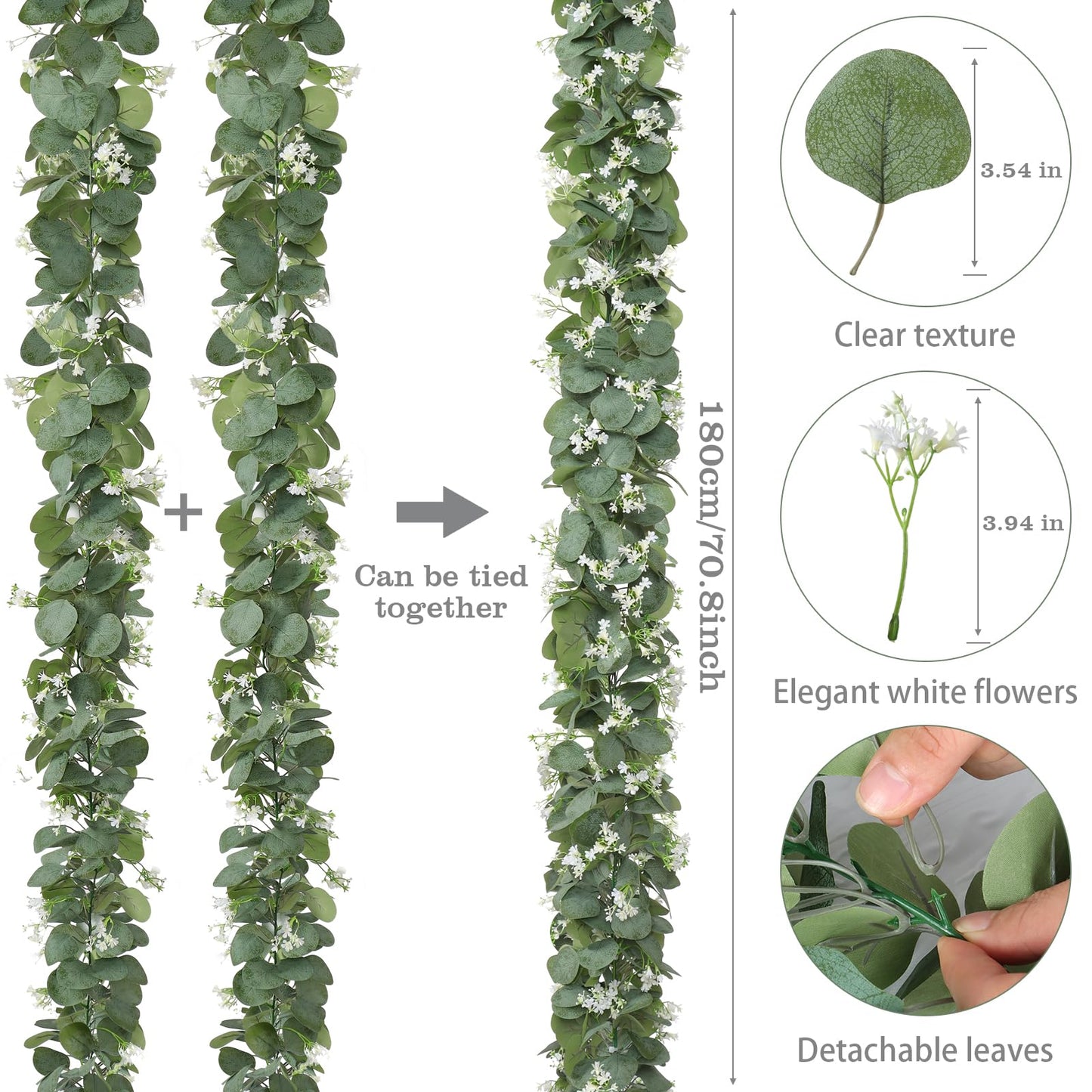 KHOYIME Eucalyptus Garland with White Flowers, 2 Packs 5.9Ft Artificial Silver Dollar Eucalyptus Leaves Plant Fake Greenery Hanging Ivy Vines Faux Wreath for Wedding Arch Party Mantle Table Home Decor