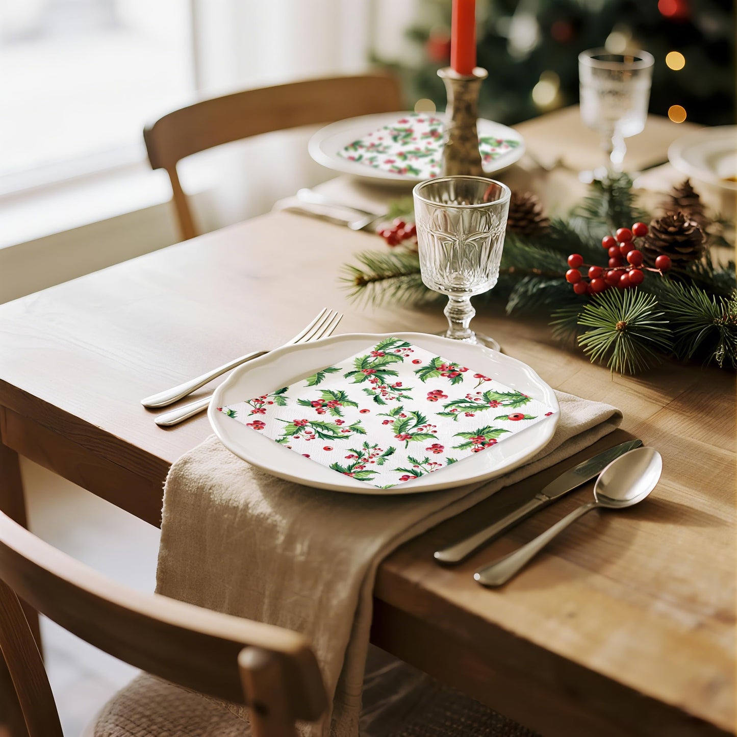WRAPAHOLIC 50Pcs Christmas Paper Napkins - 3 Ply Xmas Holly Mistletoe Disposable Cocktail Napkin for Christmas Party Supplies Tableware - 5 x 5 In