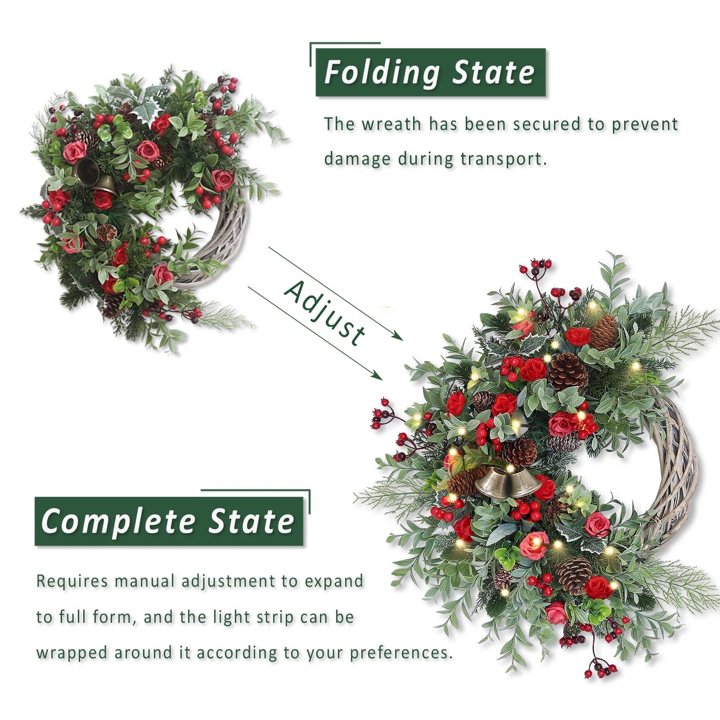 Christmas Wreath for Front Door, Artificial Door Wreaths with LED Lights Bells Berries & Pinecones Christmas Decorations, Xmas Wreaths for Wall Window Fireplace Holiday Home Decor