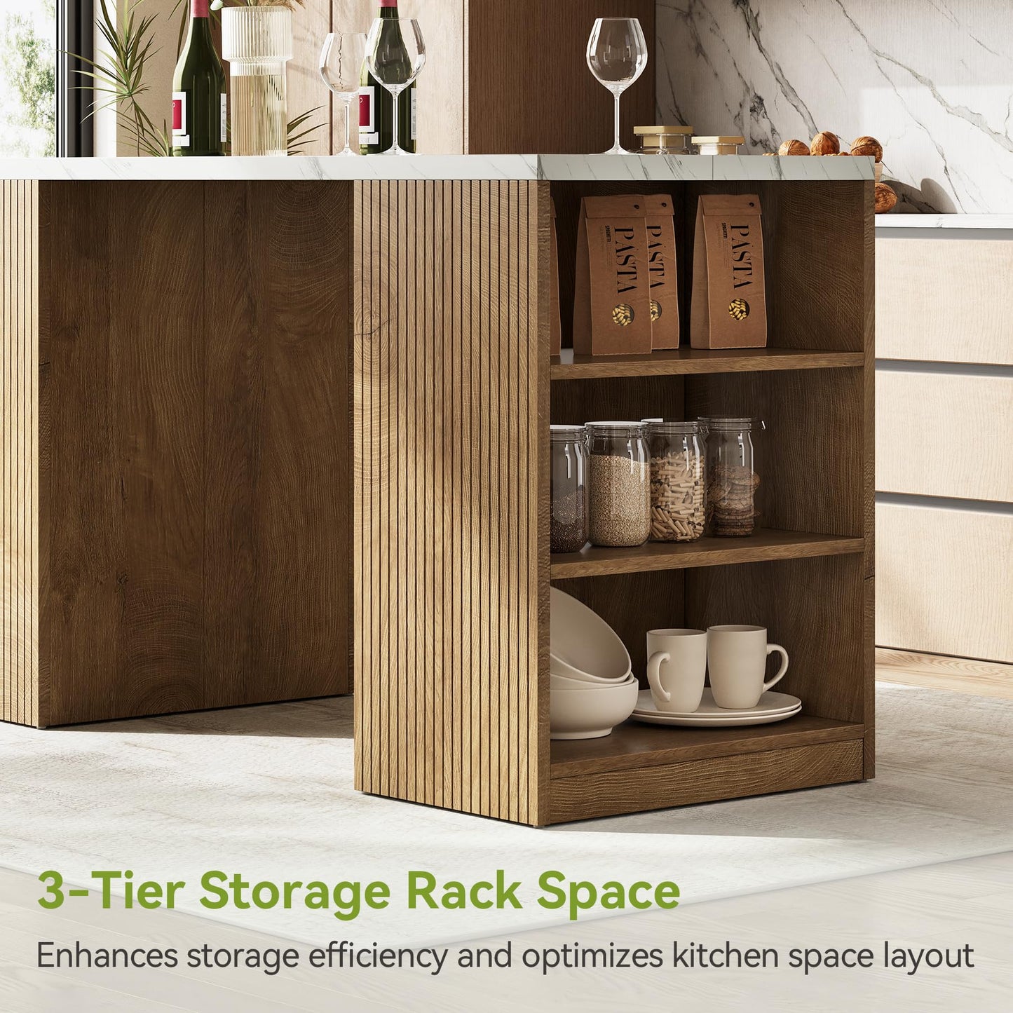 LITTLE TREE 62.99” Kitchen Island with Storage, 6-Tier Modern Kitchen Island Table with a Faux Marble Tabletop, Large Coffee Bar Table Storage Cabinet for Dining Room, White&Brown