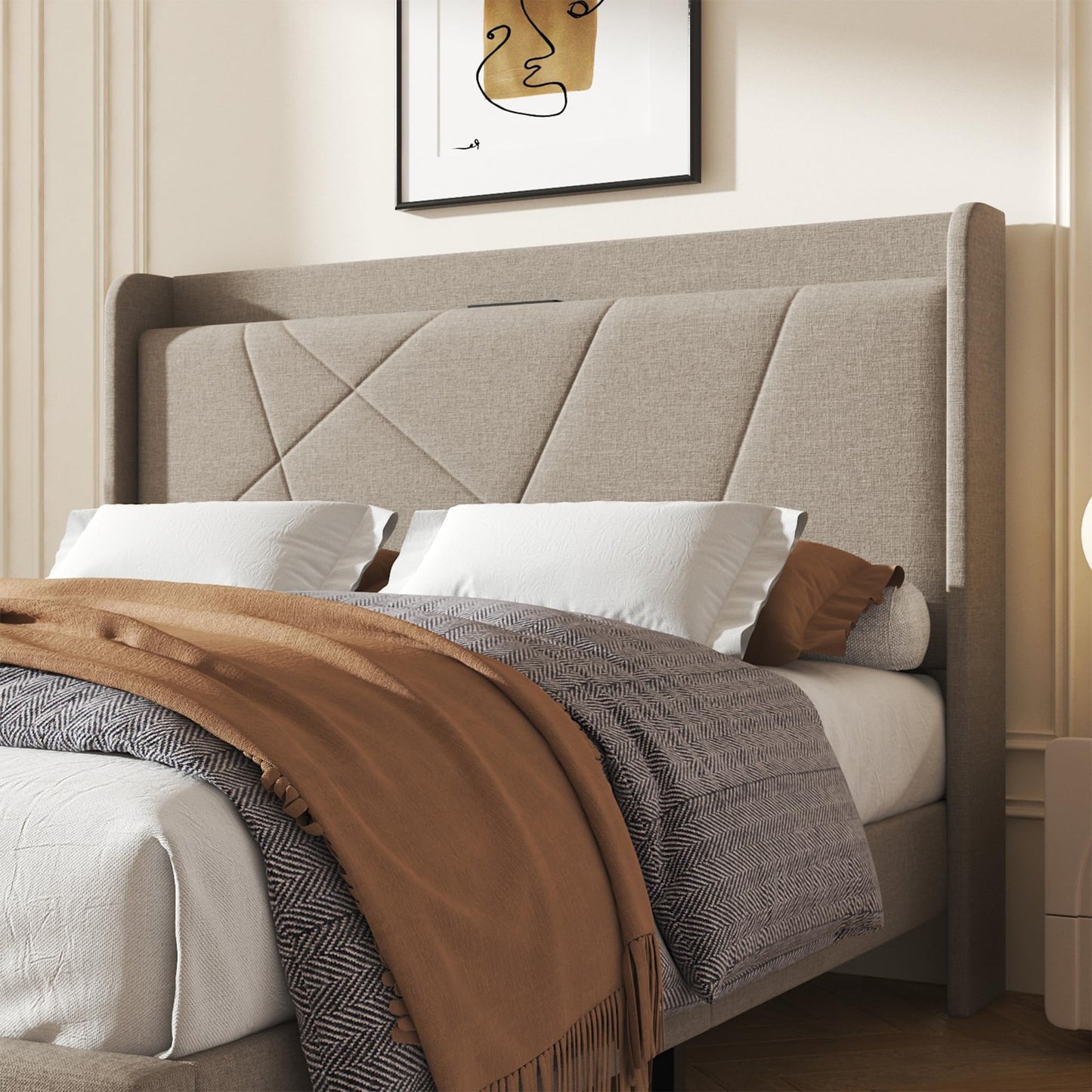 Queen Size Linen Bed Frame, Storage Headboard with Charging Station, Upholstered Platform Bed with Wooden Slats Support, Solid and Stable, Noise Free, No Box Spring Needed, Easy Assembly, Beige