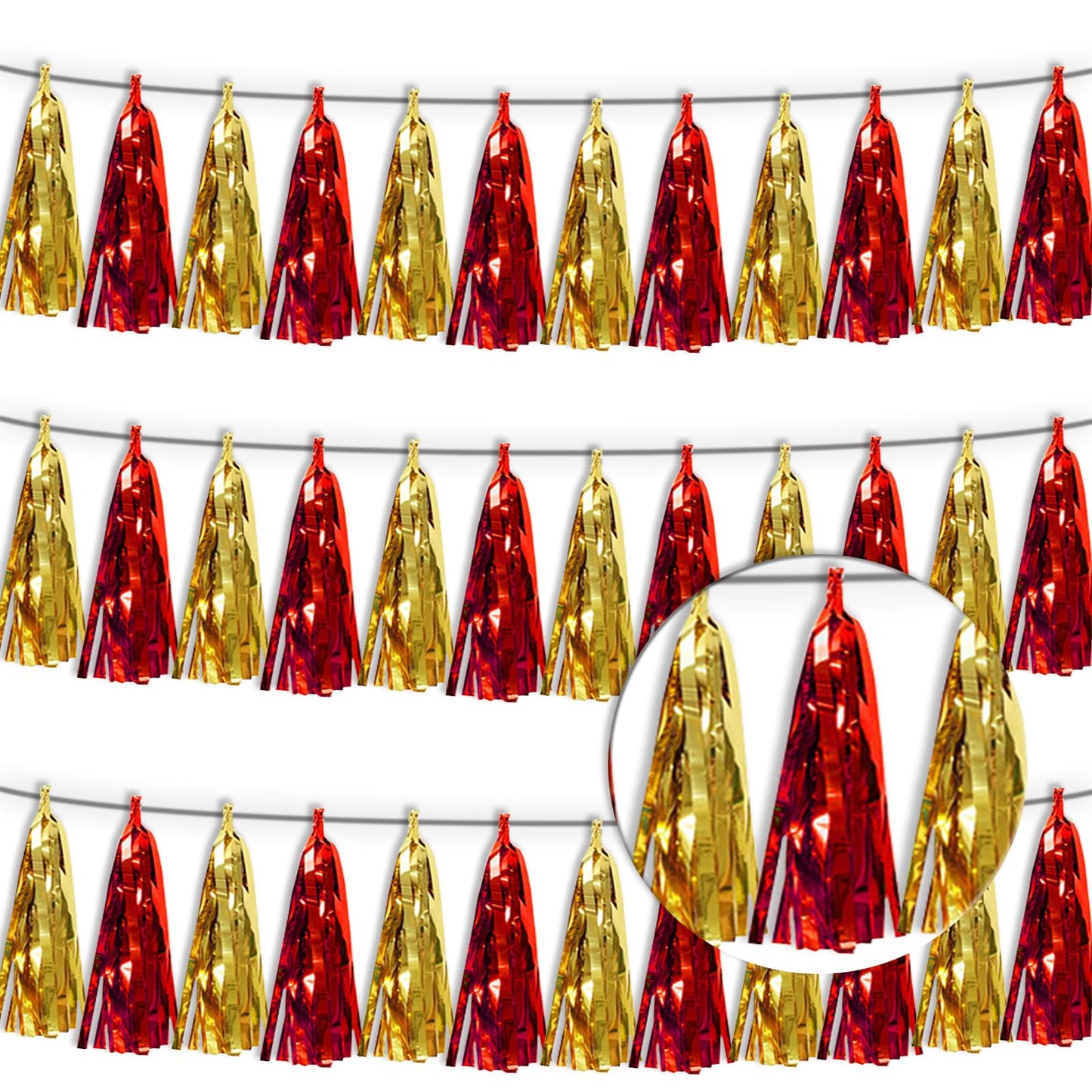 3P Red Gold Metallic Fringe Banner Garland Foil Tinsel Streamer Wall Hanging Curtain Backdrop Banners for Parade Floats Graduation Halloween, Christmas, Baby Bridal Shower Party Decorations