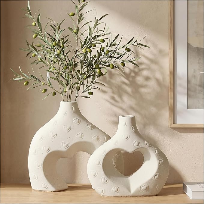 Ceramic Heart Flower Vase Home Decor Set of 2, Farmhouse Table Vases Rustic Vintage Living Room Kitchen Bedroom Decorations for House Book Shelf Office Coffee Desk Dining Fireplace