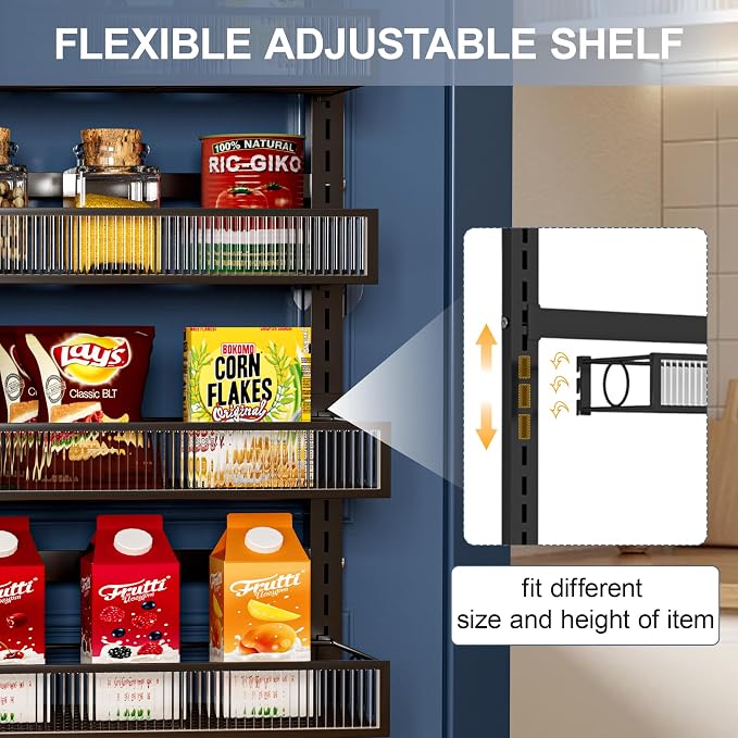 Over the Door Pantry Organizer 9 Tier Hanging Door or Wall Mounted Spice Rack with Adjustable Acylic Basket,Heavy Duty Metal Seasoning Storage Shelf for Kitchen Pantry and Bathroom Black