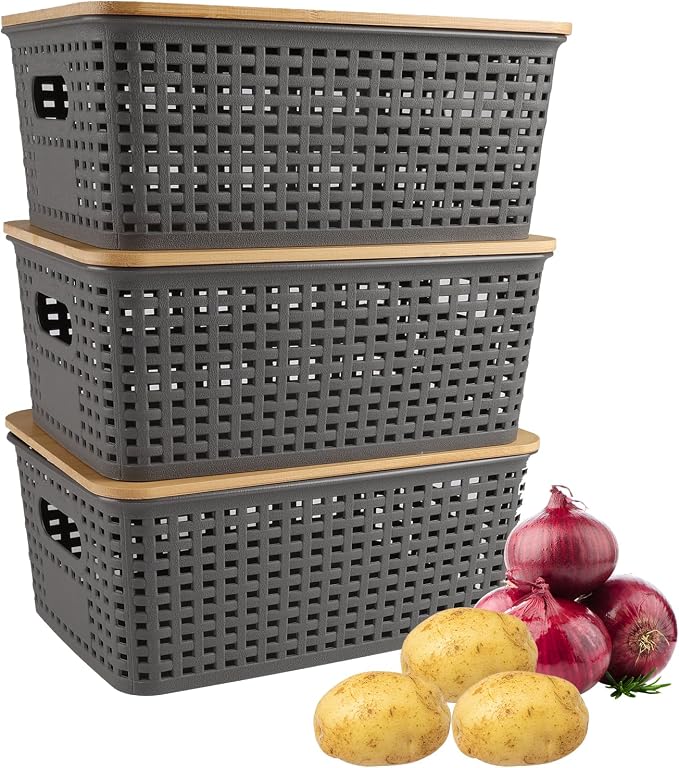 Onion and Potato Storage Bins Set,Potato and Onion Storage Bin for Pantry with Bamboo Lid&Handle,3 Pack Vegetable Storage for Onions,Potatos,Produce,Fruit,Bread,Snack Basket