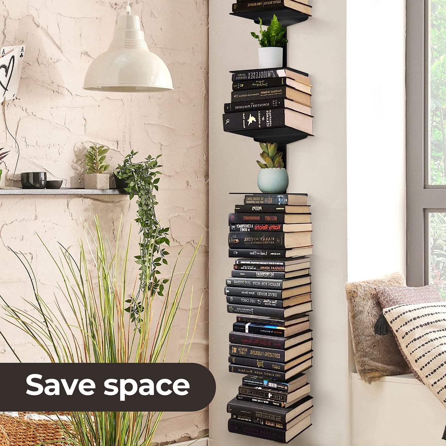 ART-GIFTREE Floating Book Shelves for Wall, 4 Tier Invisible Floating Bookshelf, Vertical Spine Book Tower, Wall Mounted & Space Saving, Heavy Duty Metal Book Organizer for Home Office, 2 Pack Black