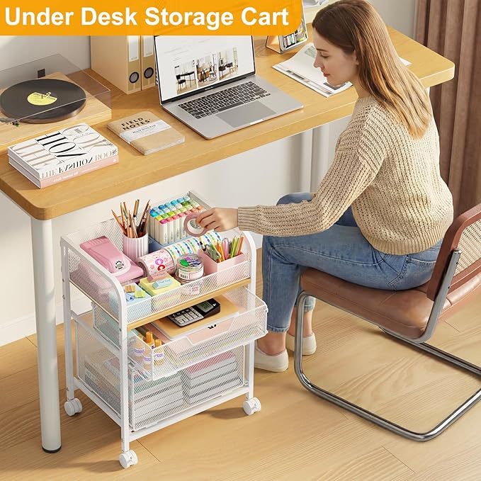 Yociyoga 3 Tier Rolling Cart with Drawers,Pantry Storage Cart with Wheels,Under Desk Storage Cart for Small Space,Pantry Floor Organizers and Storage,Metal Load-Bearing Utility Craft Cart,White