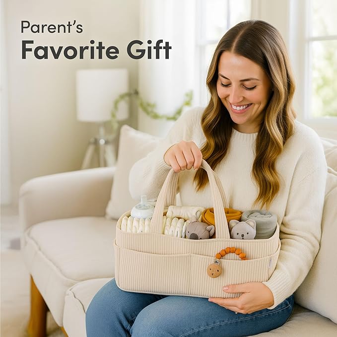 PUTSKA Baby Diaper Caddy Organizer for Changing Table – Stylish Nursery Storage Basket, Newborn Essentials, Baby Shower Gifts and Registry Must-Haves for Boy or Girl, Car Diaper Caddy, Corduroy Cream